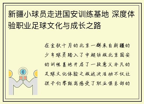 新疆小球员走进国安训练基地 深度体验职业足球文化与成长之路